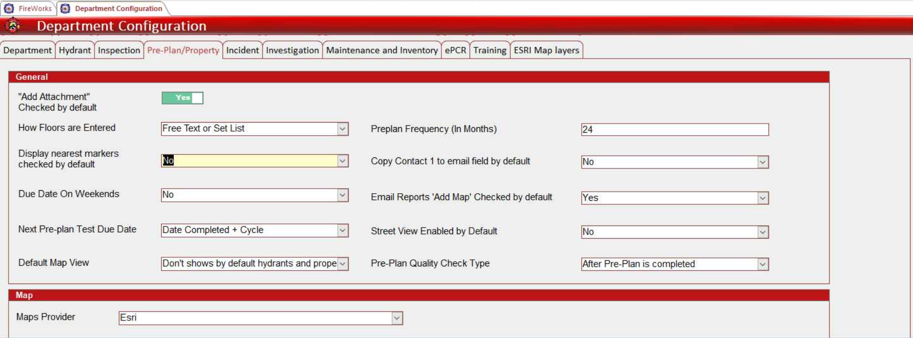 Pre-Plan Property Configuration tab showing General section with inspection and property parameters in two columns, and Map section with provider settings