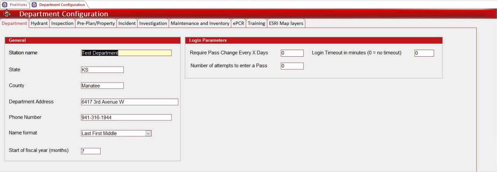 Department Configuration tab showing General parameters section on the left with fields for Station name, State, County, Department Address, Phone Number, Name format dropdown, and Start of fiscal year, and Login Parameters section on the right with fields for password change requirements, login attempts, and timeout settings