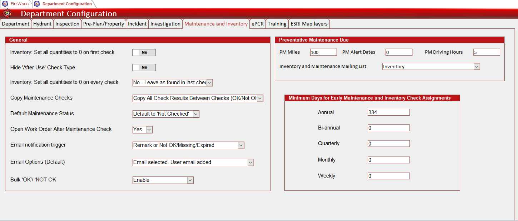 The General Parameters section contains inventory maintenance and notification settings for the Maintenance and Inventory module