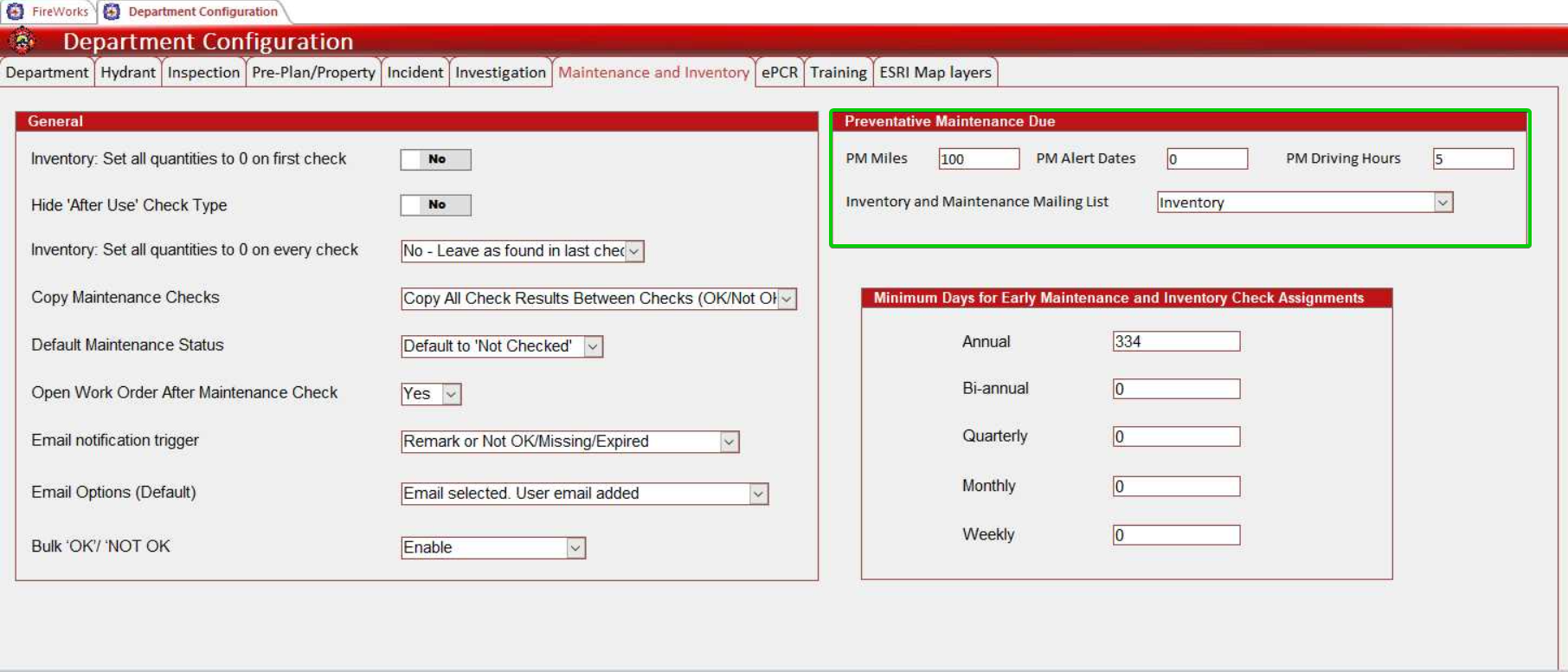 The Preventative Maintenance Due section controls scheduling intervals and mailing list configuration for automated maintenance tracking