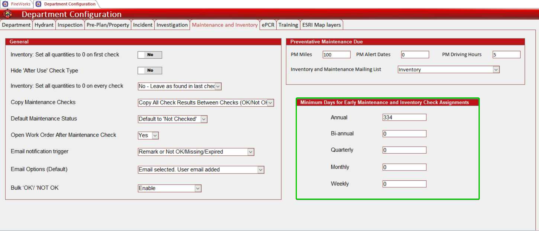 The Minimum Days section prevents scheduling maintenance assignments too far in advance by setting minimum day restrictions for each maintenance frequency.