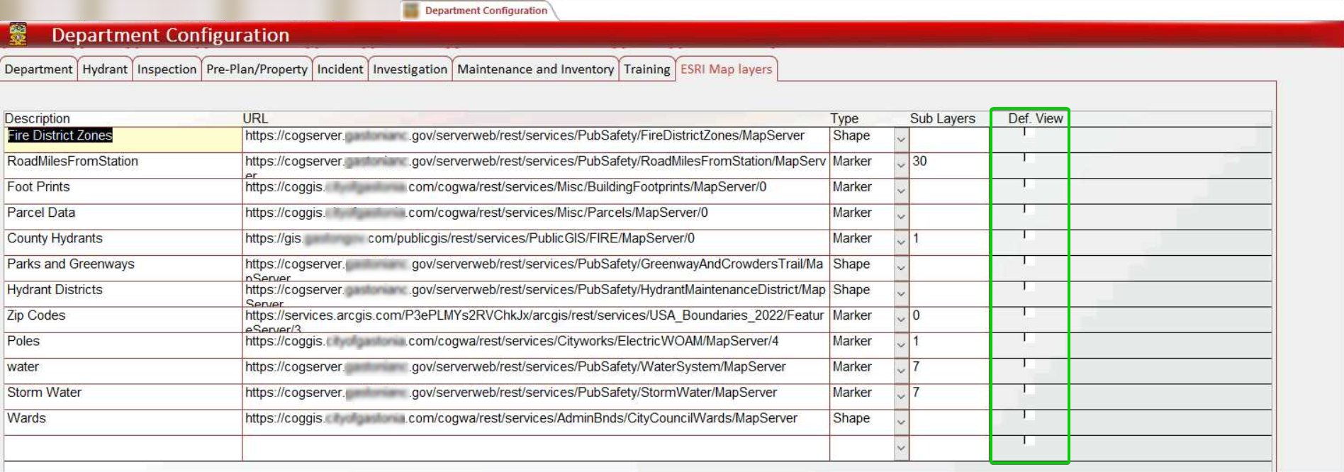 ESRI Map Layers configuration panel showing map layer visibility toggle controls and checkboxes for different layer types