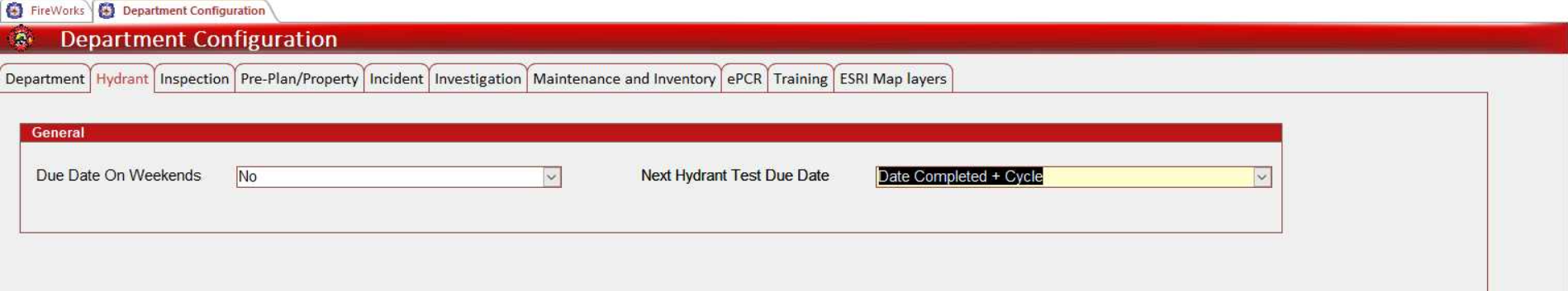 Hydrant Configuration tab showing Due Date On Weekends and Next Hydrant Test Due Date dropdown parameters