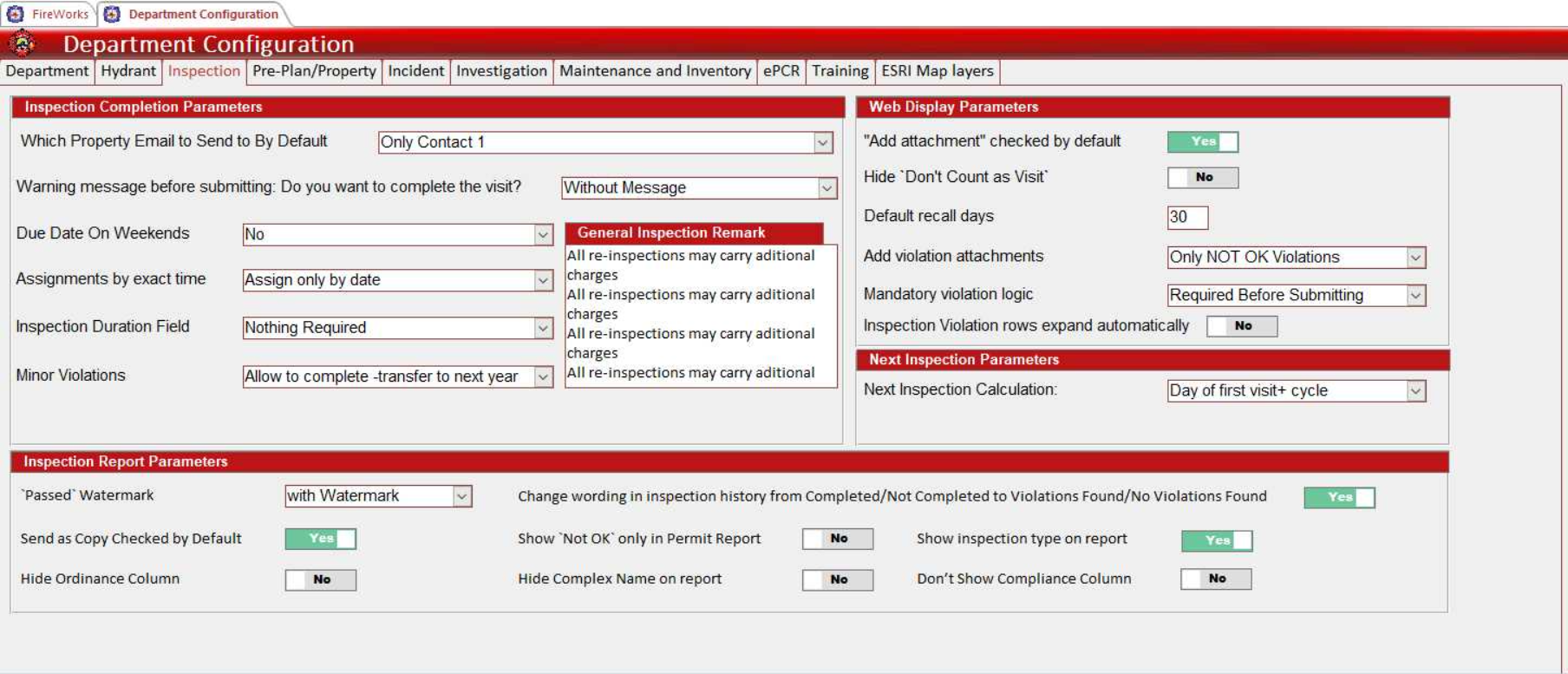 The Inspection Configuration interface showing all parameter sections for inspection workflow management