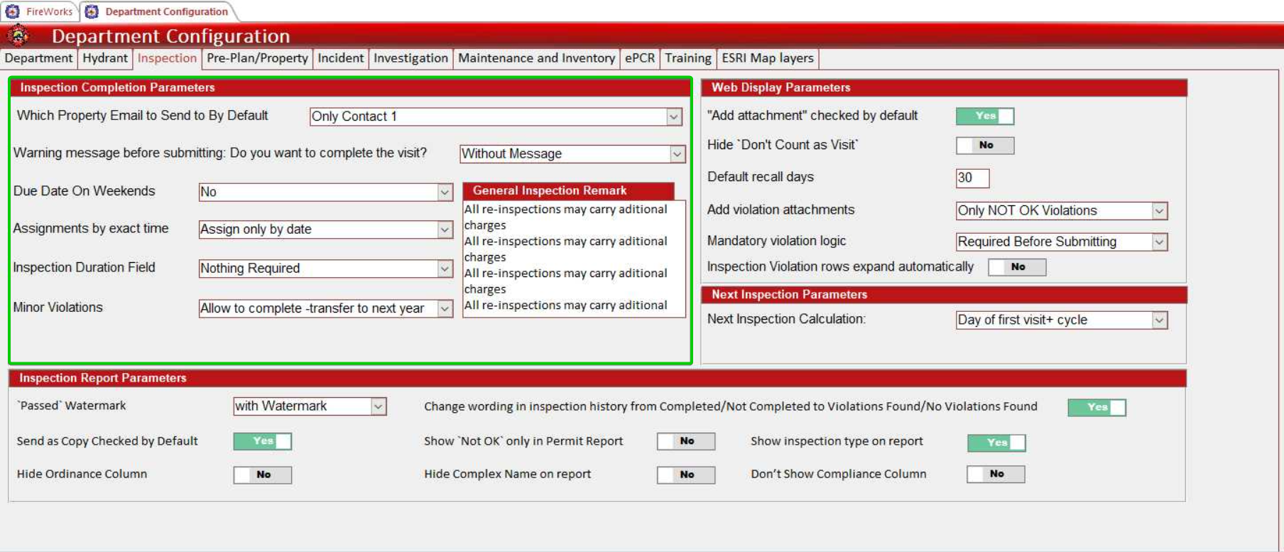 The Inspection Completion Parameters section showing notification, scheduling, and duration tracking options
