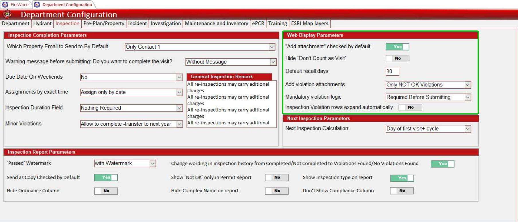 The Web Display Parameters section showing attachment settings, violation logic, and display options