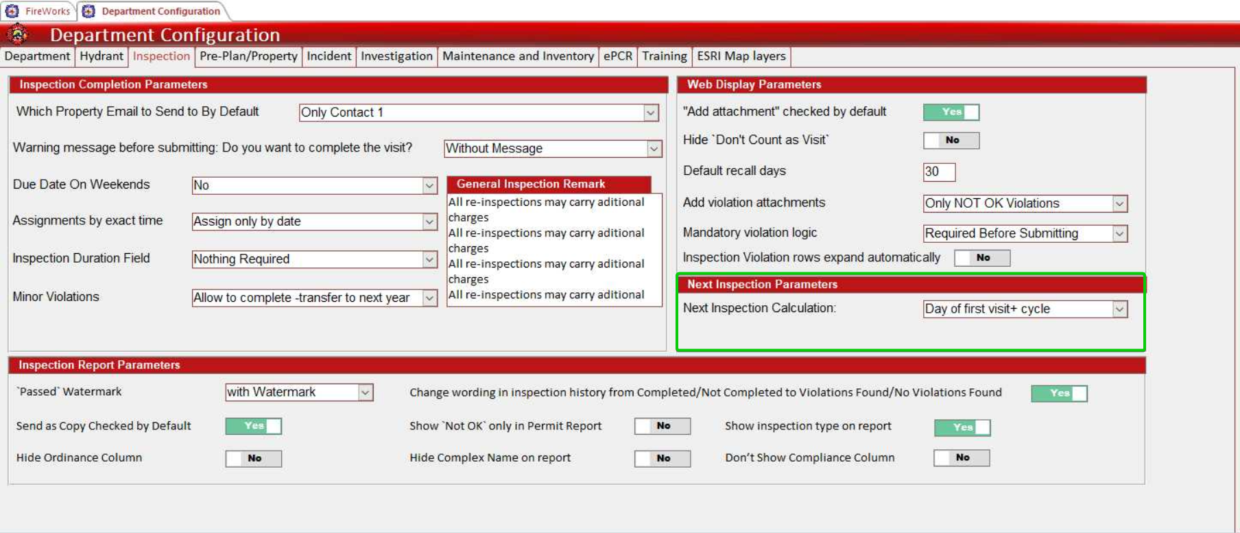 The Next Inspection Parameters section showing calculation method options