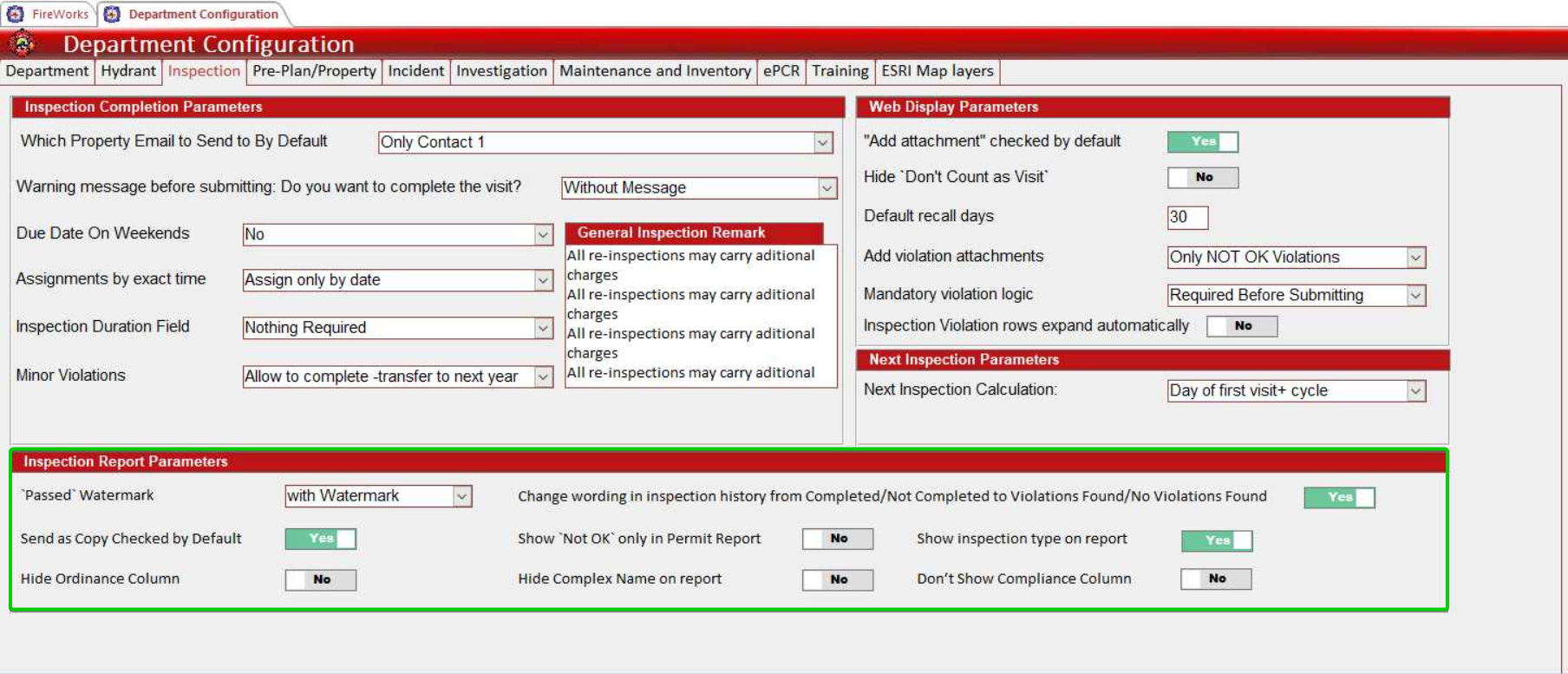 The Inspection Report Parameters section showing watermark, distribution, and display options
