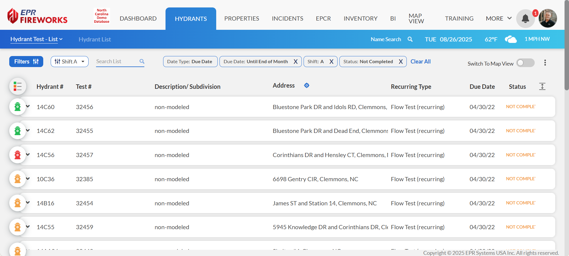 EPR FireWorks Hydrants module main interface showing filter options and hydrant list