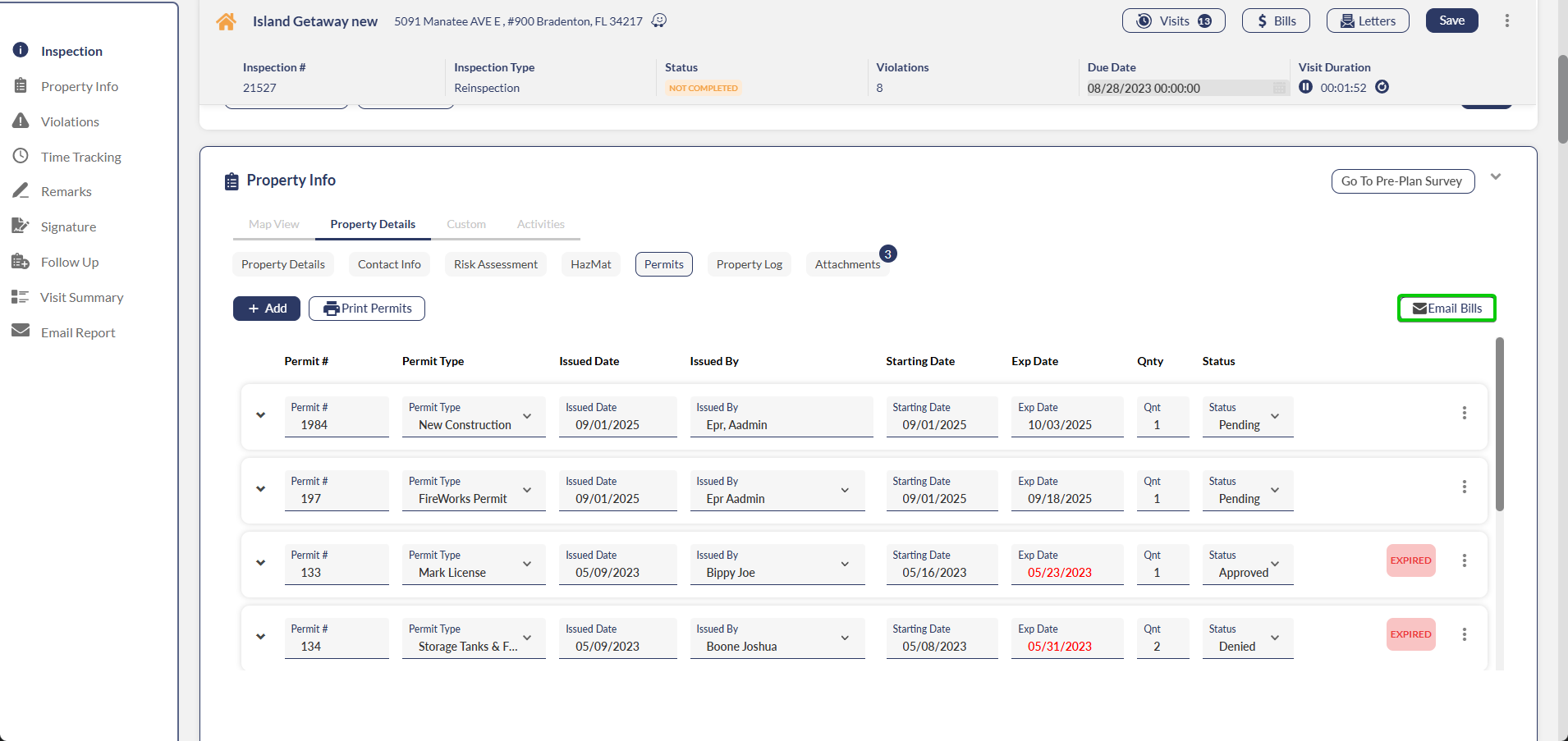 Property Info Permits interface showing the Email Bills button location within the permits management section, displaying the typical layout fire departments use for billing operations