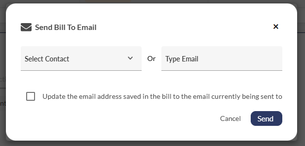 Email Bills dialog showing contact selection dropdown and manual email entry field, demonstrating the interface options available for selecting bill recipients