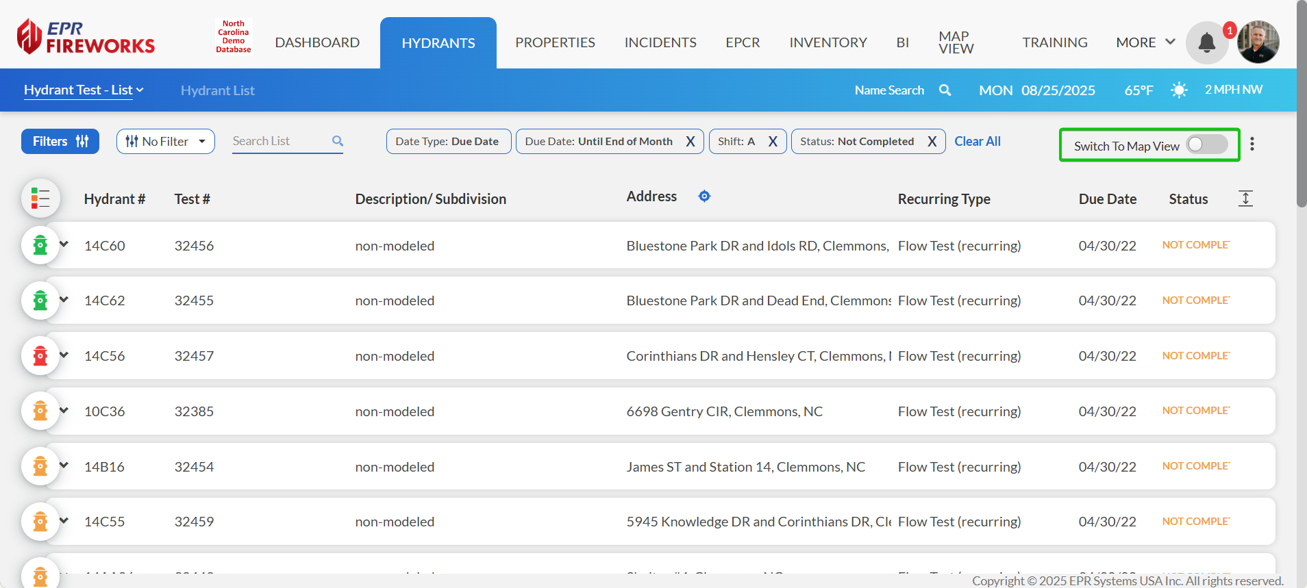 Switch to Map View toggle on the Hydrants list page