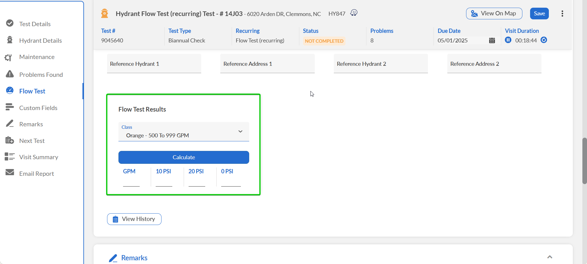 EPR FireWorks Flow Test Results section showing calculated GPM values pressure columns and capacity classification