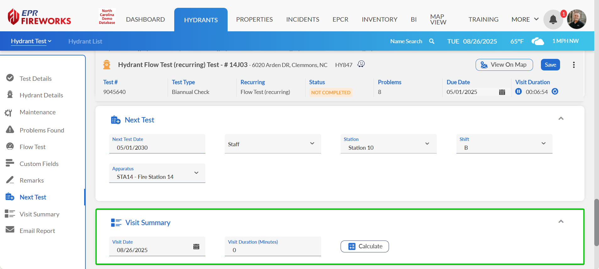 Hydrant Visit Summary section