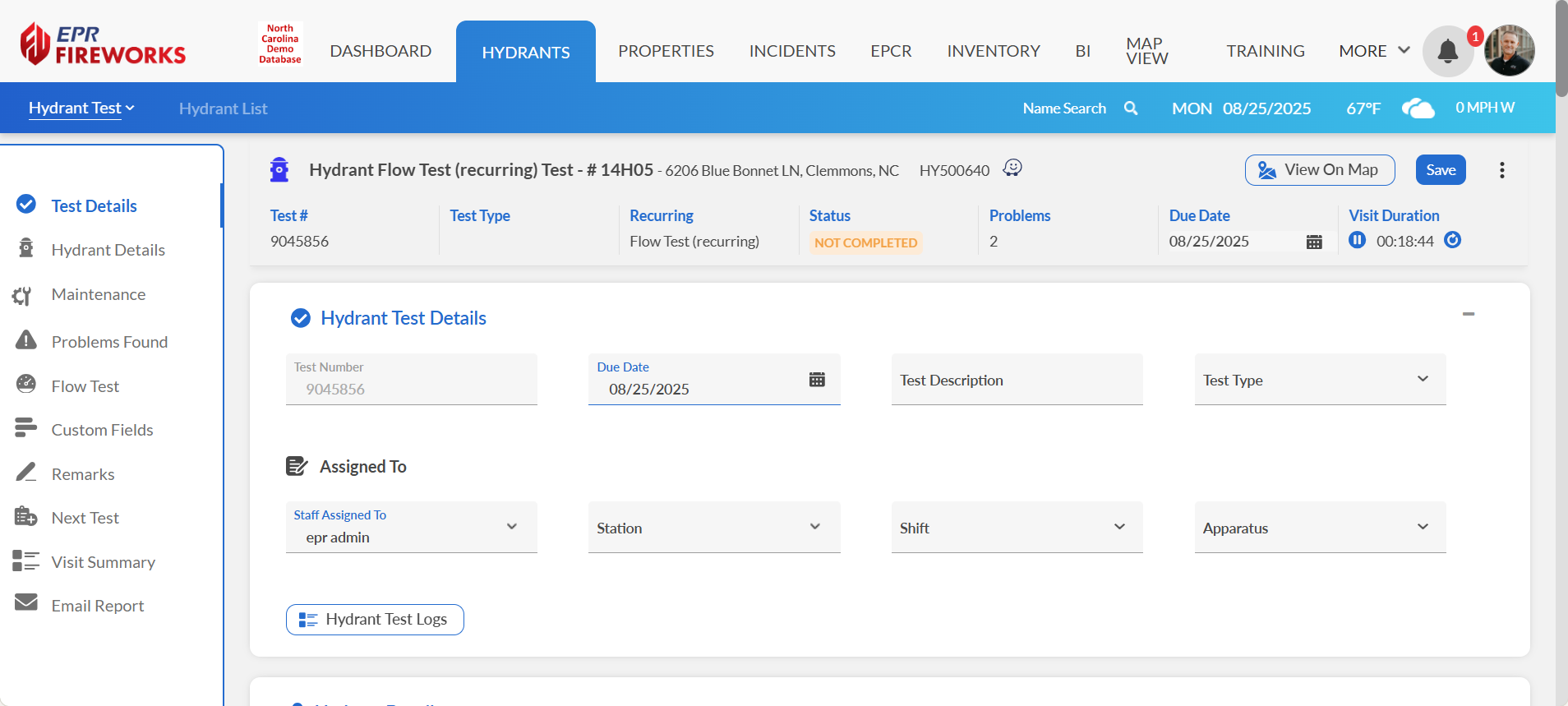 EPR FireWorks hydrant test interface showing left navigation panel with Test Details, Hydrant Details, Maintenance, Problems Found, Flow Test, Custom Fields, Remarks, Next Test, Visit Summary, and Email Report sections