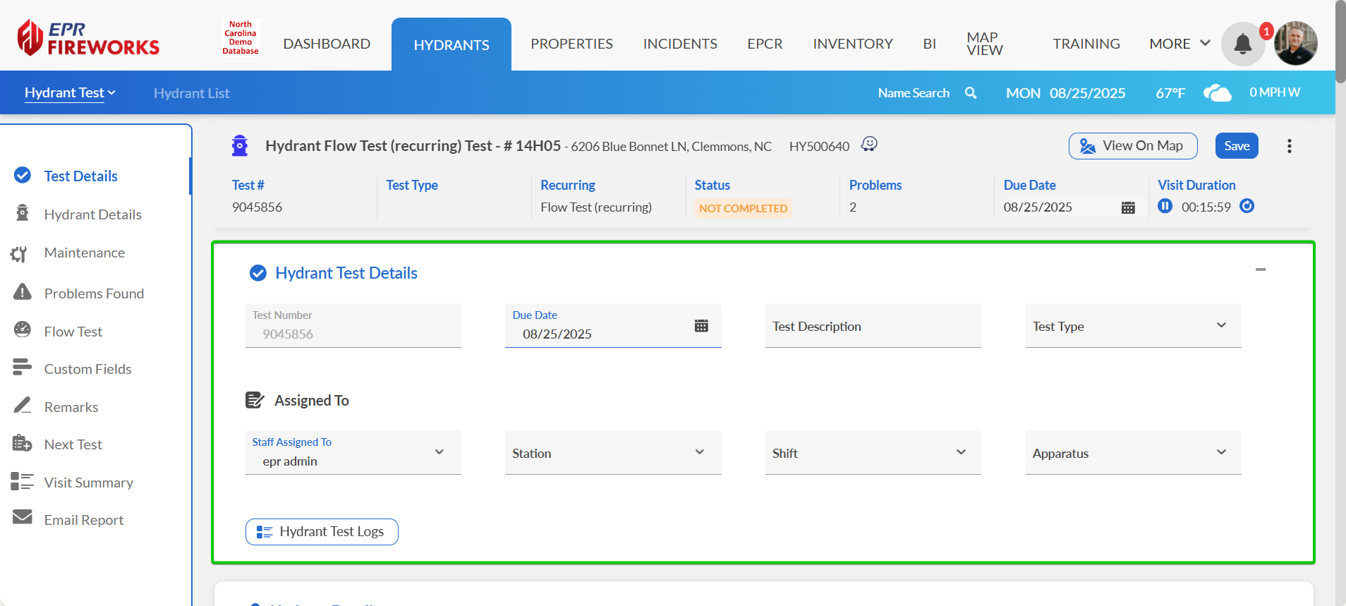 Test Details section showing Hydrant Test Details area with test number, due date, test description, and test type fields, plus Assigned To section with staff, station, shift, and apparatus dropdowns