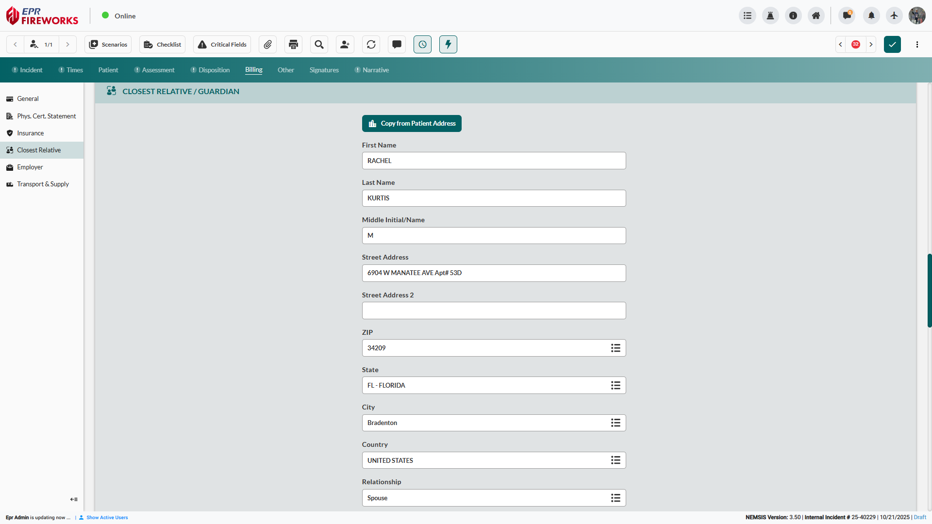 Closest Relative Guardian section with Copy from Patient Address button, name fields , complete address section with dropdowns, Relationship dropdown