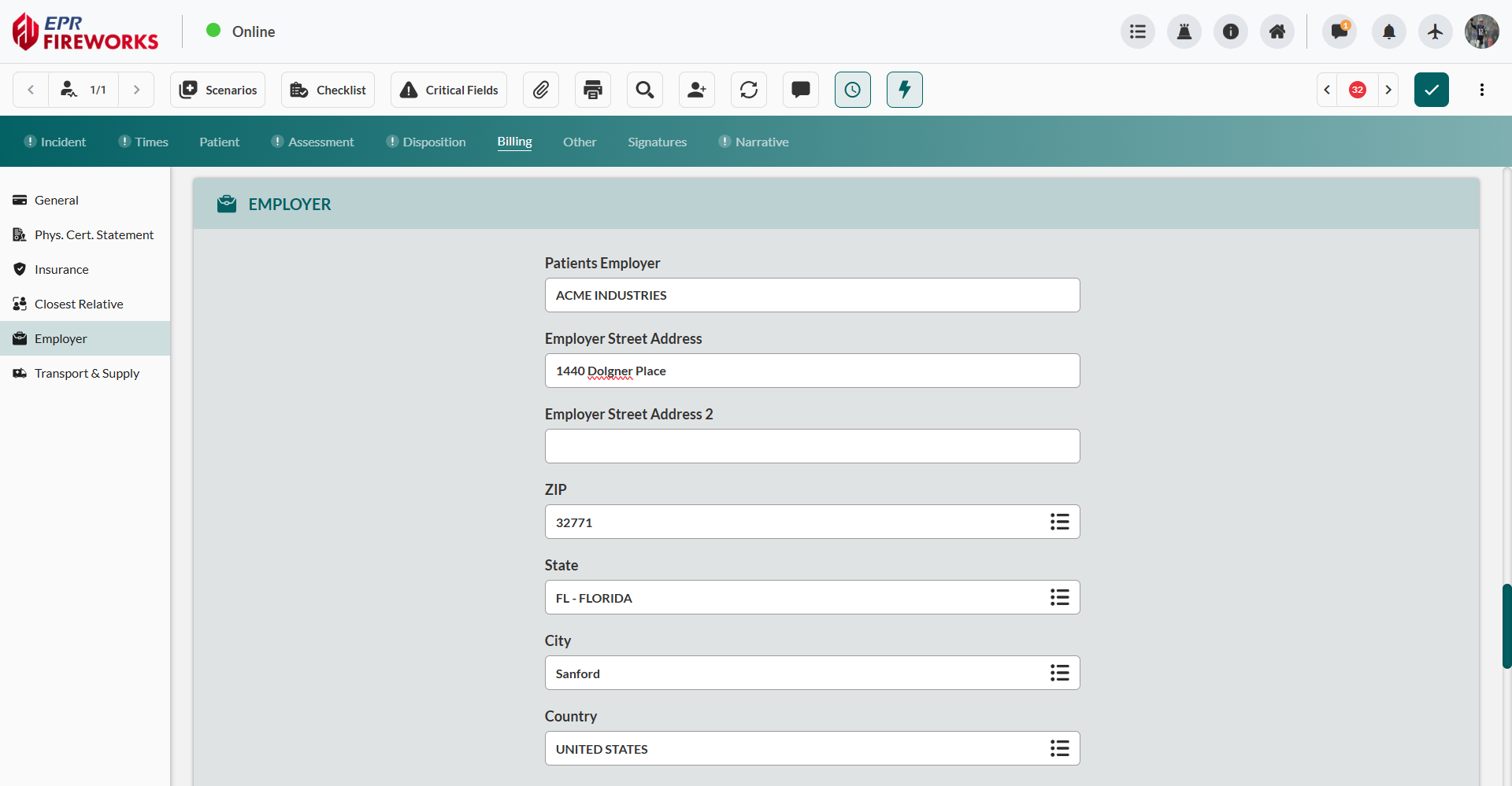 Employer section with Patients Employer field, employer address fields
