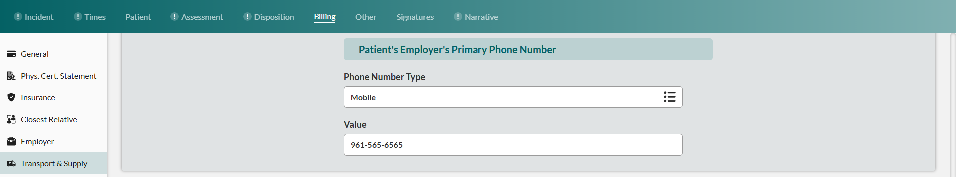 Patient's Employer Primary Phone Number with Phone Number Type and Value fields