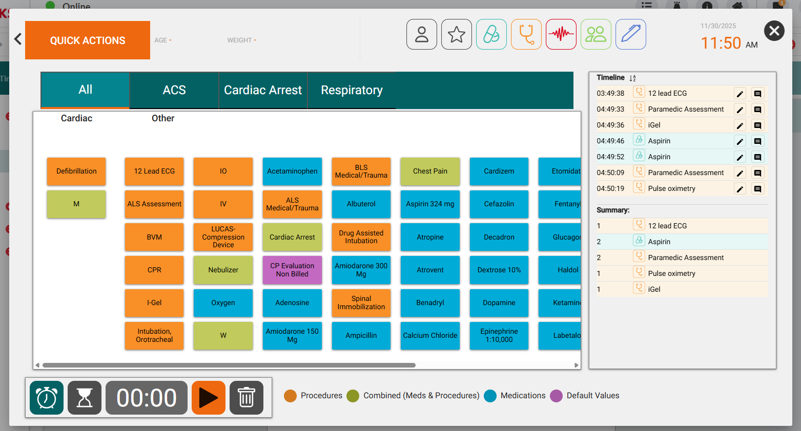 Quick Actions modal with All tab active showing secondary tabs and color-coded quick-select buttons Orange buttons display procedures cyan buttons show medications and lime buttons indicate categories. Timeline panel on right side shows Summary section. Time control bar at bottom displays timer with play and delete icons