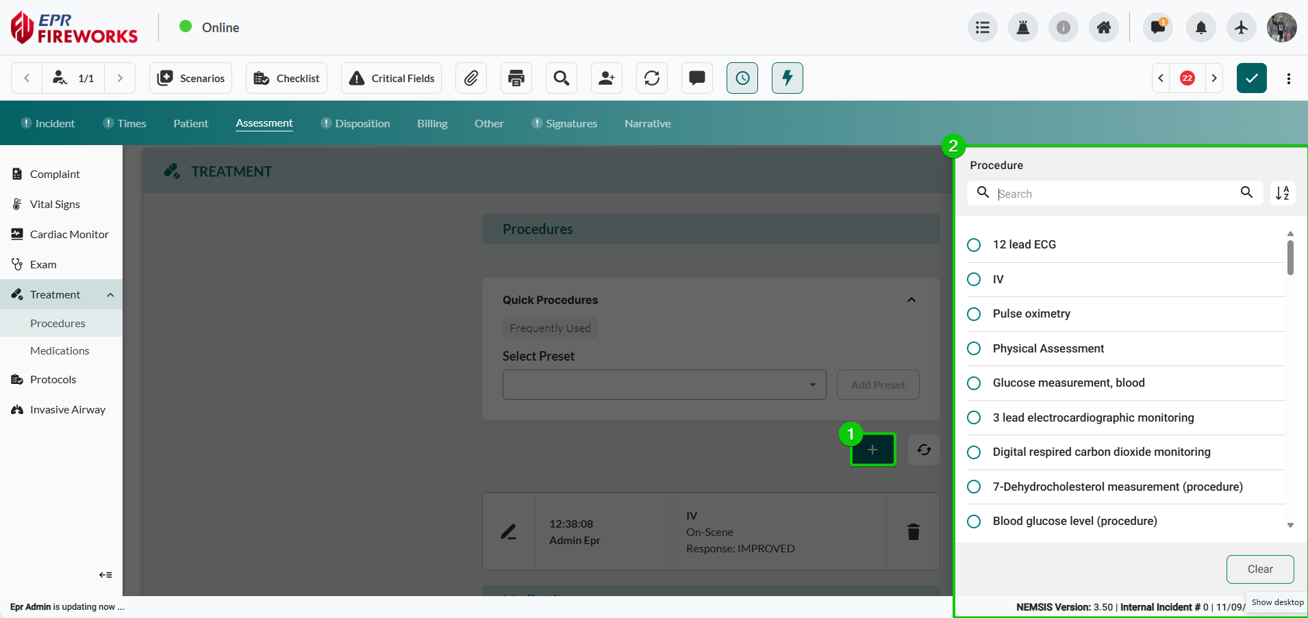 EPR FireWorks Procedure sidebar displaying alphabetical procedure list with search functionality at top. Categories include Airway Management, Cardiovascular, Hemorrhage Control, Immobilization, and Vascular Access. Each category expands to show specific procedures. Search box allows filtering by procedure name. Recently performed procedures appear at top for quick access.
