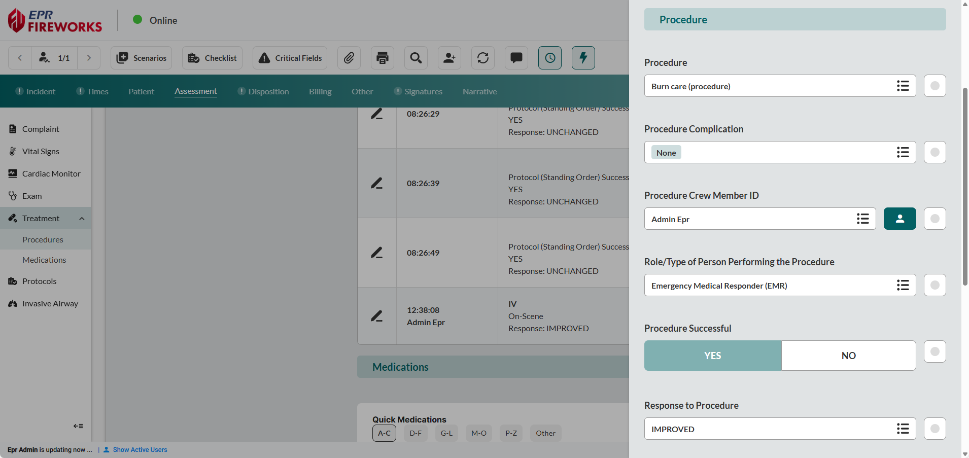 EPR FireWorks Procedure Performance interface