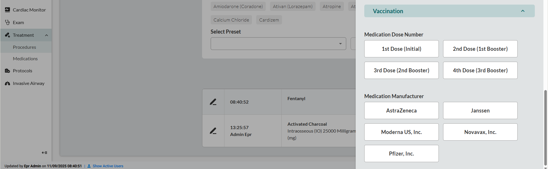 Vaccination section expanded in Medication Details sidebar showing Medication Dose Number dropdown field and Medication Manufacturer text field appearing below standard medication documentation fields, demonstrating conditional interface expansion for immunization-specific documentation requirements