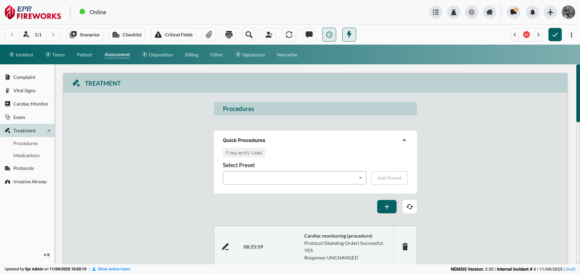 EPR FireWorks Assessment tab showing Treatment section with left navigation displaying Complaint, Vital Signs, Cardiac Monitor, Exam, and Treatment (expanded to show Procedures, Medications, Protocols sub-items in that order). Main content area shows Procedures section with Quick Procedures interface and documented procedure table, followed by Medications section below