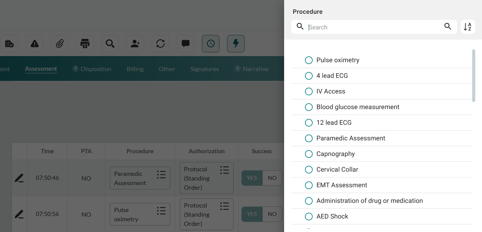 Available procedures as configured in the back-office. Procedures are unique per department