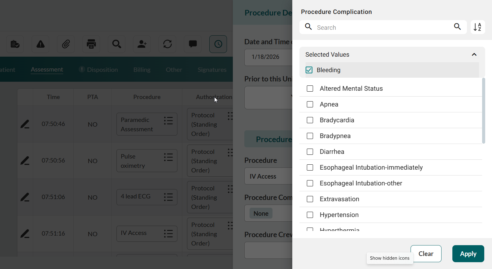 Procedure complication options