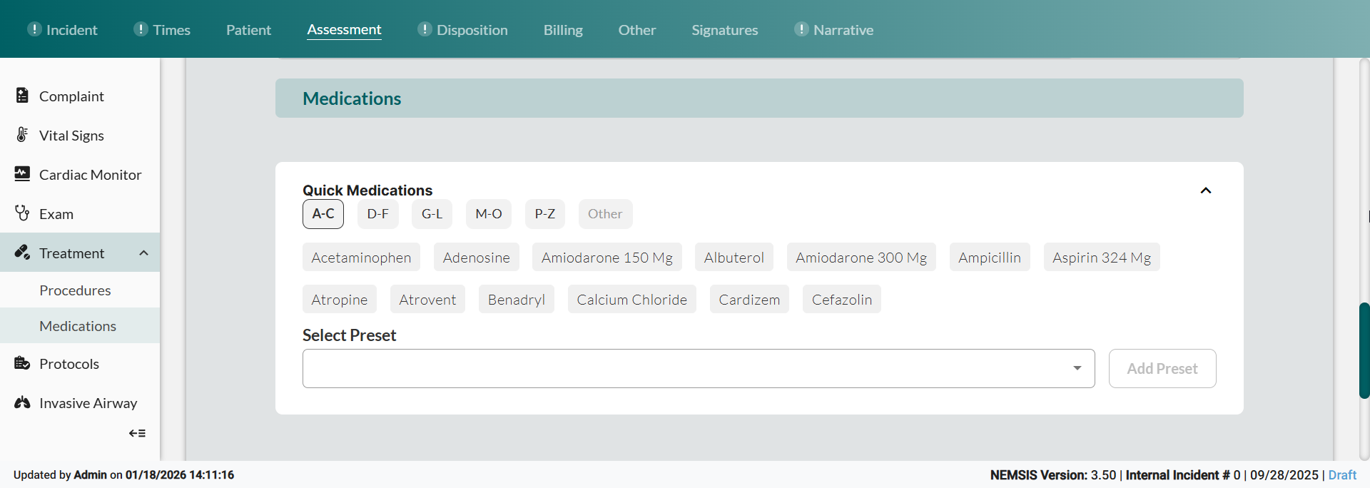 Medications preset dropdown and quick selection options