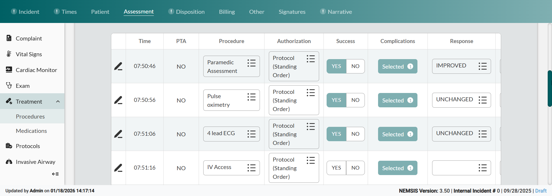 Procedures table with editable fields