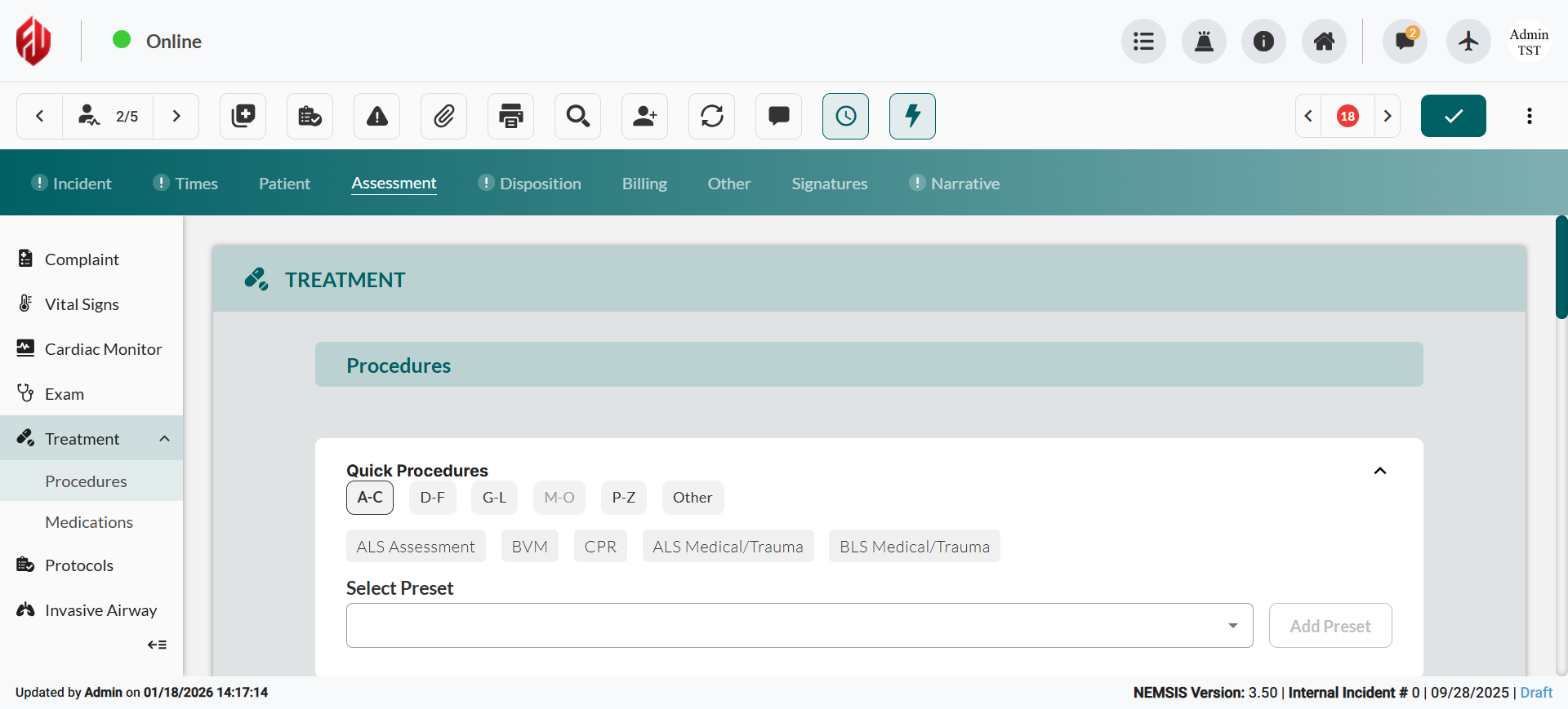 Treatments interface with procedures quick presets