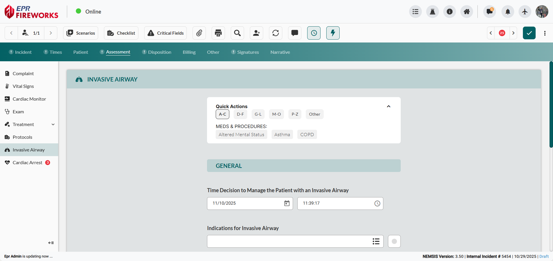 EPR FireWorks Assessment - Invasive Airway interface displaying Quick Actions section at top with alphabetical category tabs (A-C, D-F, G-L, M-O, P-Z, Other) and Select Preset dropdown. Main content area shows Invasive Airway Decision section with Time Decision field and Indications for Invasive Airway multi-select dropdown. Below are Airway Complications Encountered section with multi-select field, and Failed Airway Management section with Time Abandoned field and Suspected Reasons. 