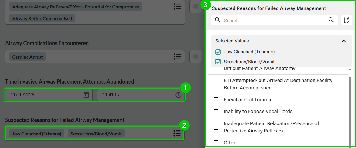 nvasive Airway section showing decision timing, indications, complications, and abandonment fields with sample data entered