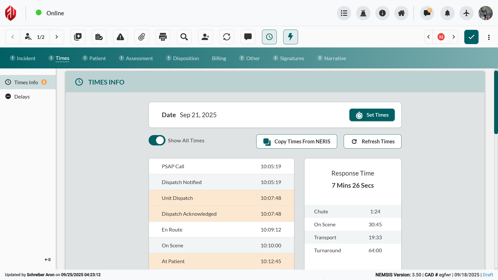EPR FireWorks Times tab showing timeline interface, toggle controls, and action buttons