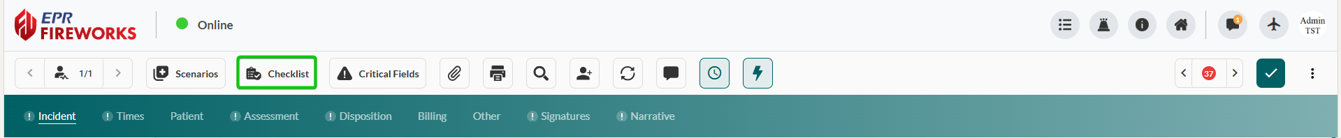 EPR FireWorks patient record toolbar displaying Checklists icon (highlighted) among other toolbar icons. Toolbar positioned at top of active ePCR interface