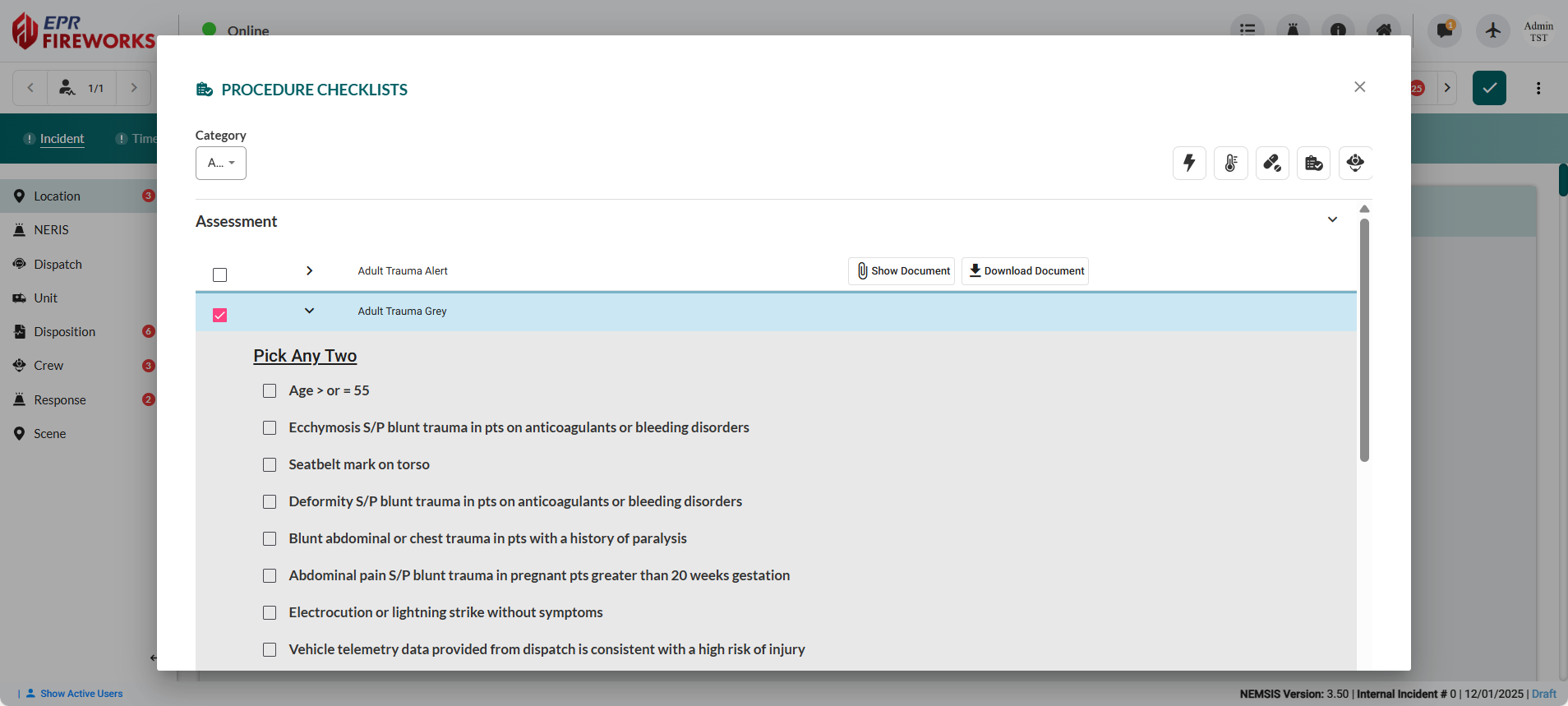 Procedure Checklists modal showing category filter dropdown at top, expandable checklist sections