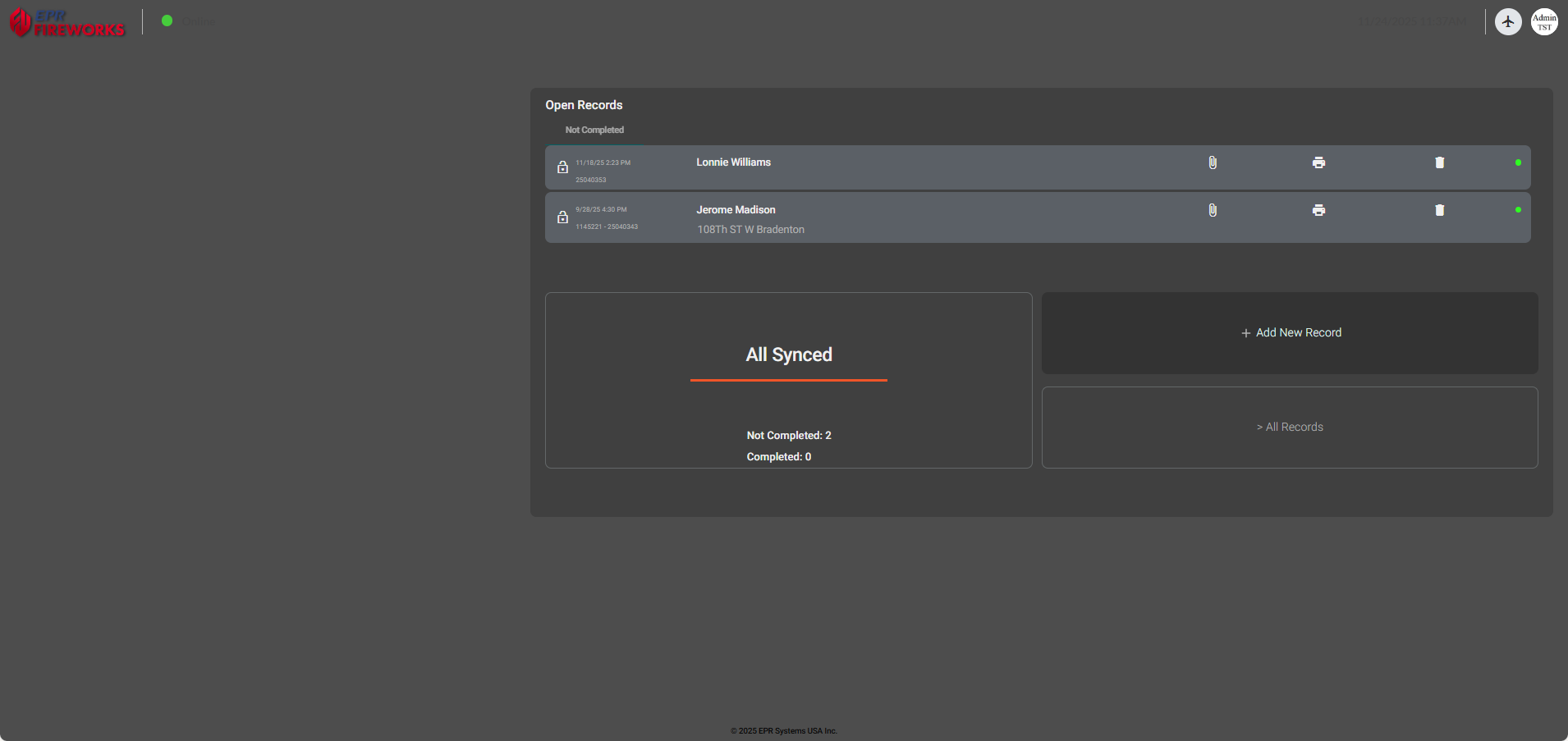 Dark themed ePCR home page with dark gray background, white text, and teal accent buttons.