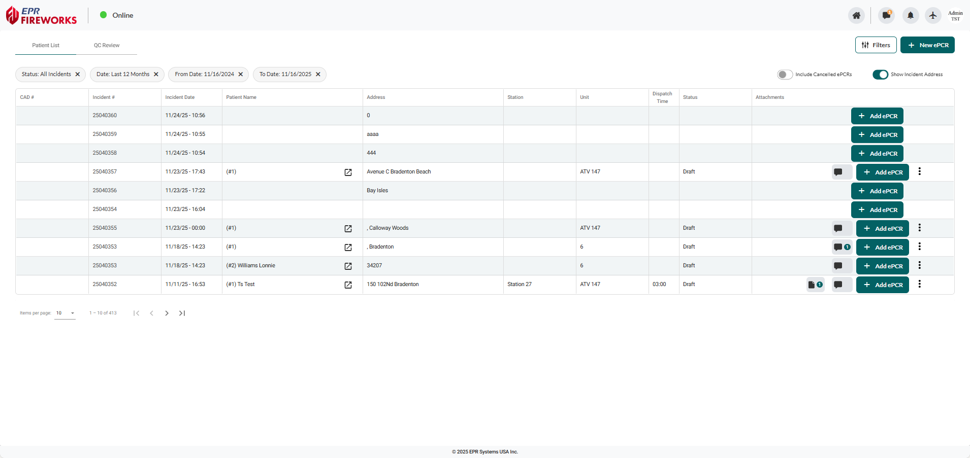 ePCR opens in Patient List display