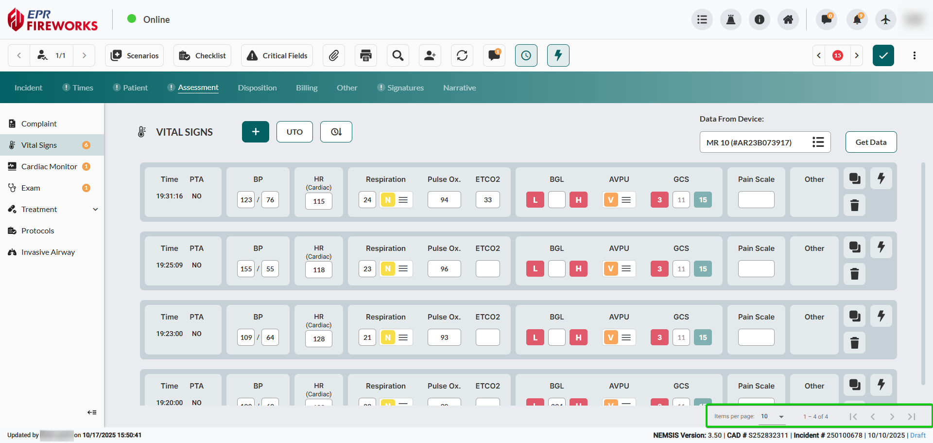 Vital signs table showing 10 entries with pagination controls