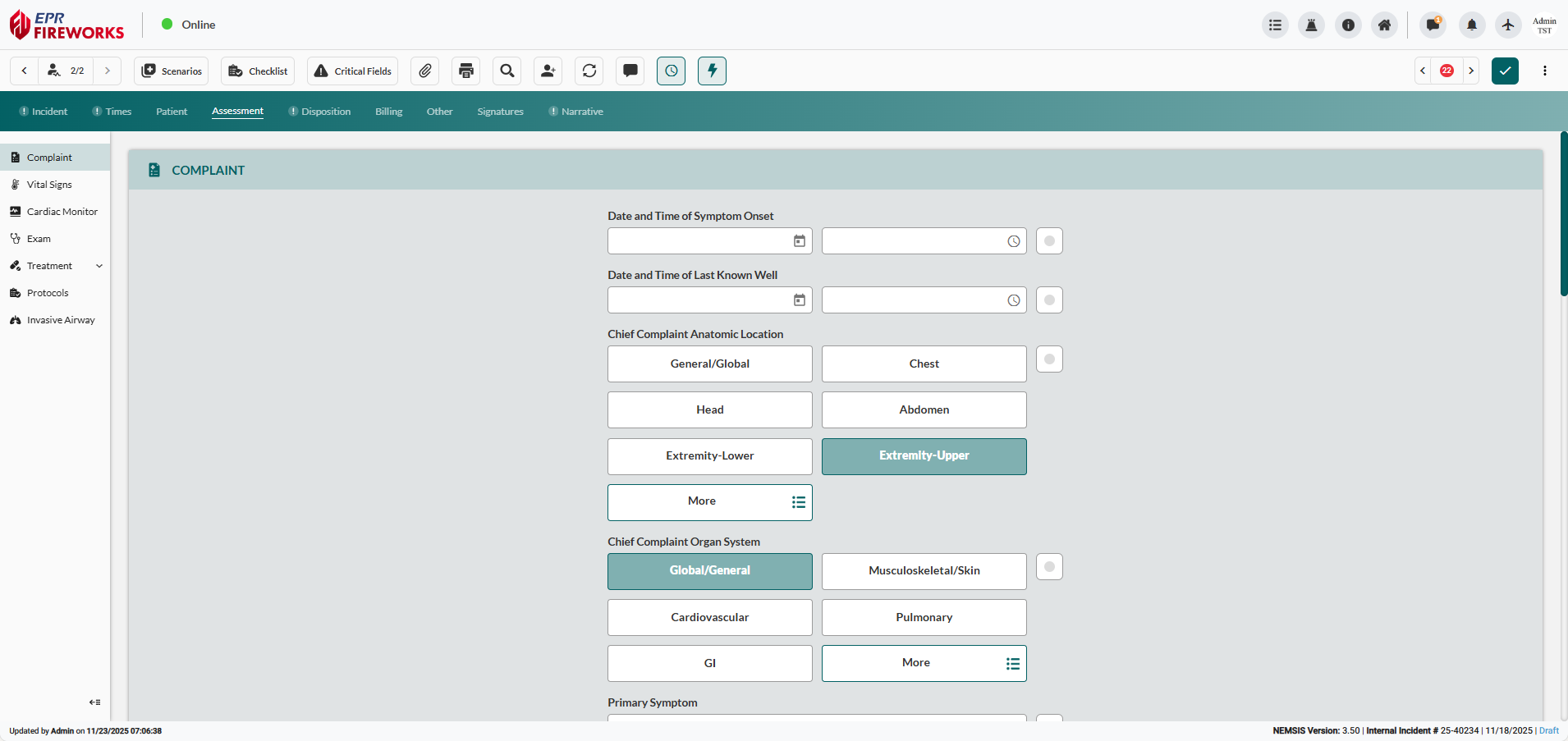 Assessment form with NEMSIS 3.5 field layout and integrated protocols section.