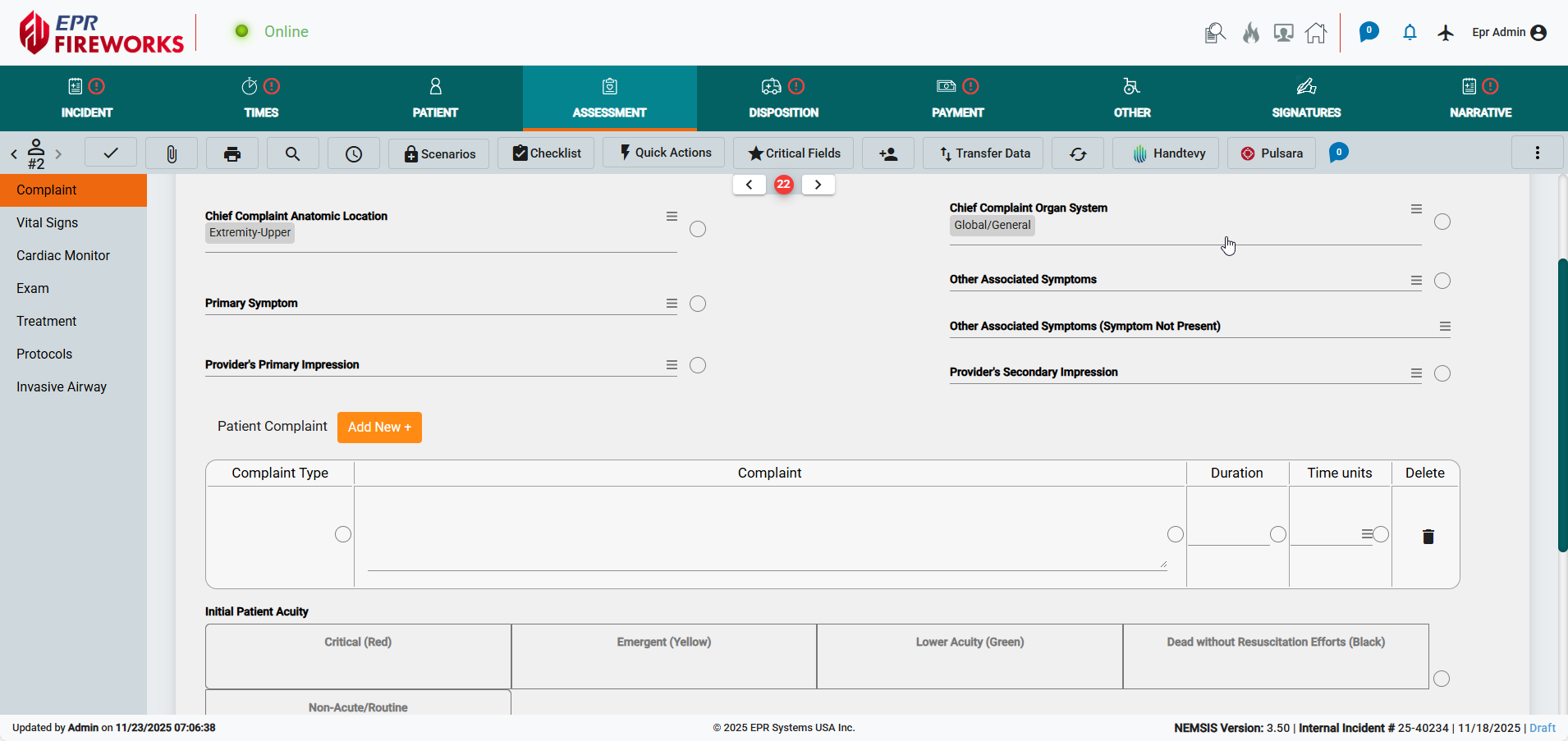 Assessment form with legacy field layout and separate protocols navigation.