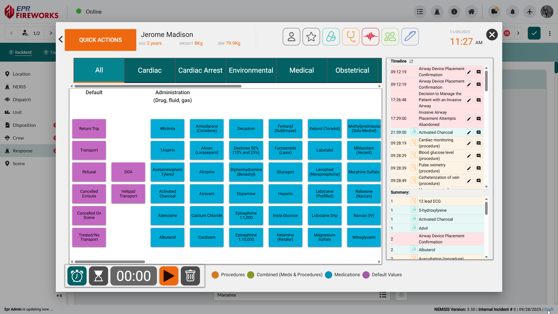 EPR FireWorks ePCR interface showing patient information and assessment tabs with Quick Actions panel for rapid field documentation