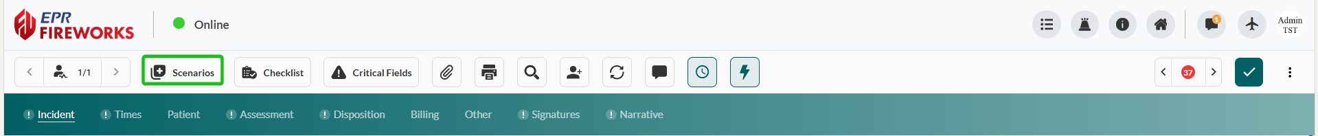 EPR FireWorks patient record toolbar displaying Scenarios icon (highlighted) among other toolbar icons. Toolbar positioned at top of active ePCR interface