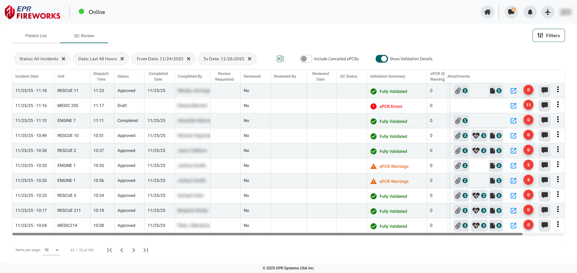 QC Review list with Validation Details enabled