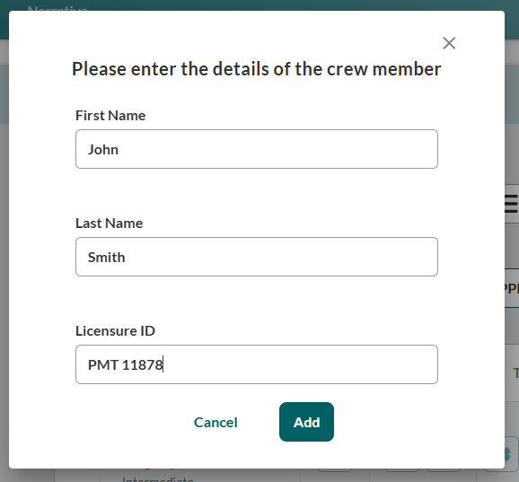 Add External Crew pop-up window displaying three text input fields (First Name, Last Name, Licensure ID) with Add and Cancel buttons at bottom. Window includes mutual aid agency notation field for tracking purposes