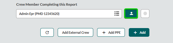 EPR FireWorks Crew section showing 'Crew Member Completing this Report' dropdown field with person icon button positioned to the right.