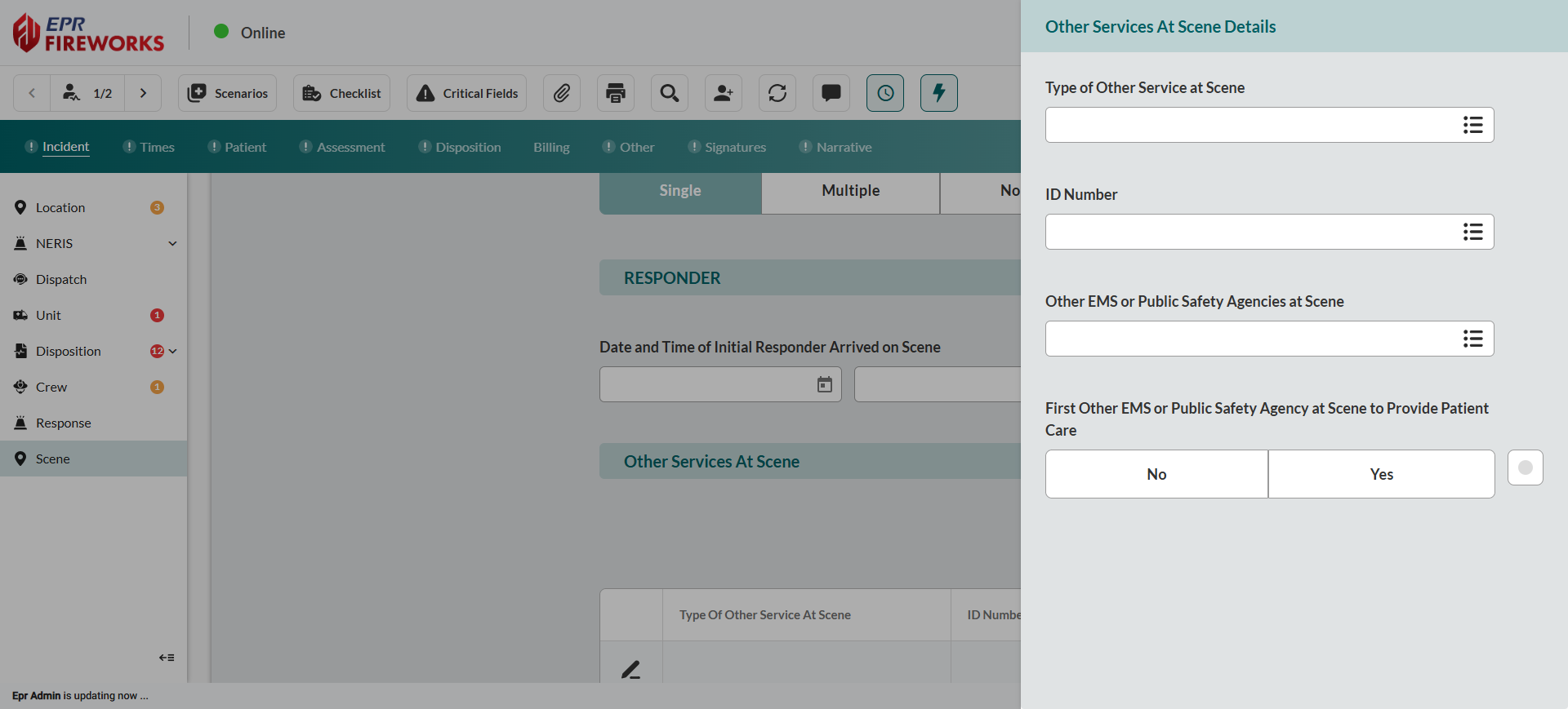 Other Services At Scene Details sidebar showing Type of Other Service dropdown, ID Number field, Other EMS or Public Safety Agencies dropdown, and First Other EMS or Public Safety Agency toggle