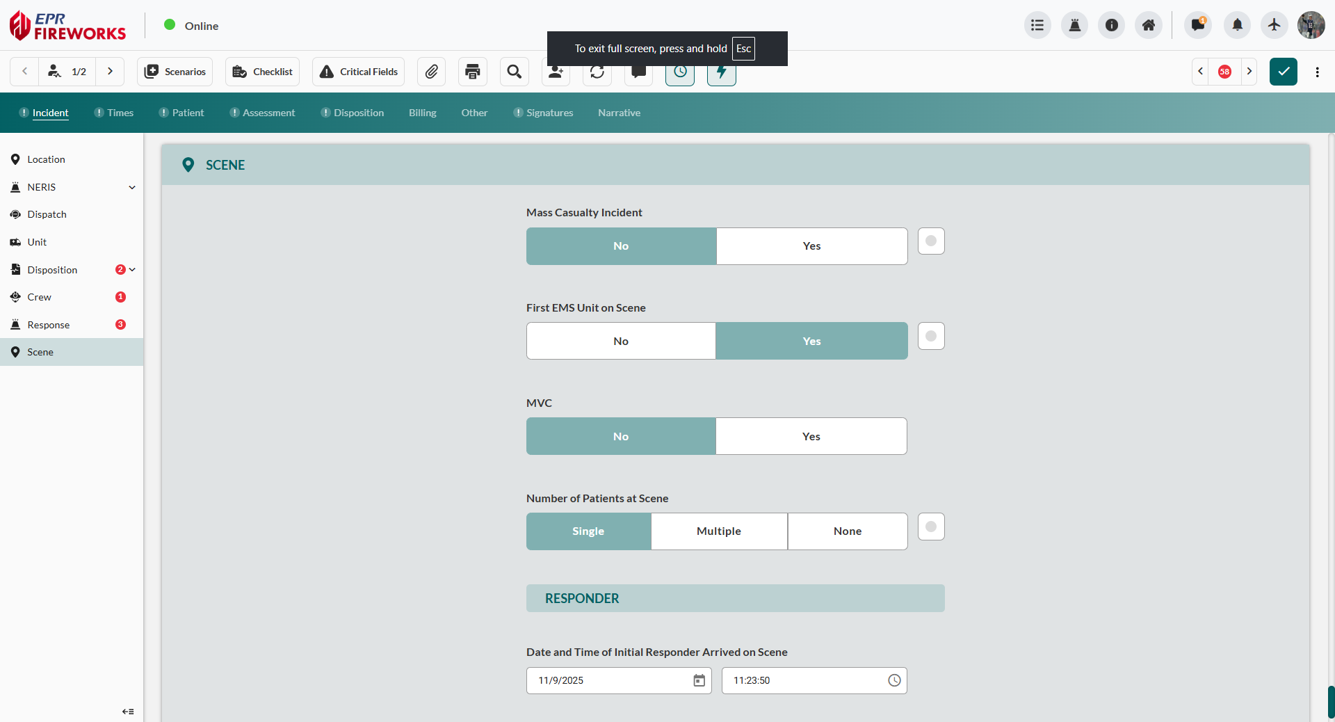 EPR FireWorks Scene section showing Mass Casualty Incident, First EMS Unit on Scene, and MVC toggle options with conditional Triage Classification for MCI Patient displaying color-coded buttons when Mass Casualty Incident is set to No